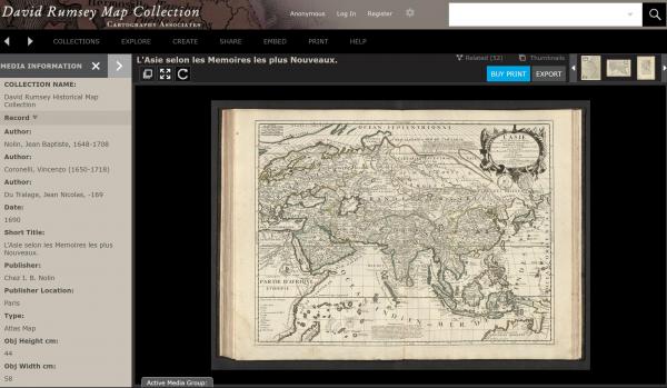 Screenshot di una pagina del catalogo della collezione, raffigurante una mappa dell'asia con i suoi metadata nella parte sinistra