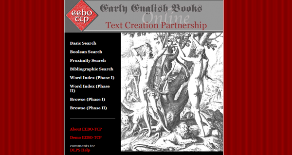 La copertina di EEBO-TCP, con l’immagine di Adamo ed Eva che colgono il frutto della conoscenza, è indicativa dell’obiettivo del progetto: rendere fruibile a chiunque il sapere racchiuso nel database di EEBO.