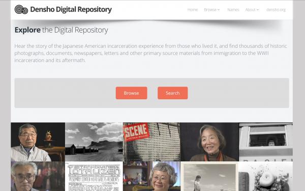 Immagine della Home Page di Densho Digital Repository che mostra l'header con i vari menù a tendina, una sezione per la ricerca delle collezioni e delle immagini che rimandano alle fonti consultabili 