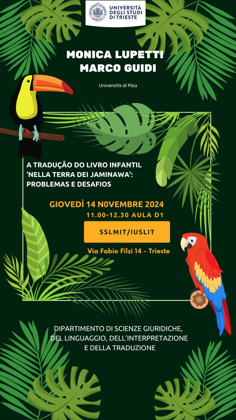 Locandina della conferenza con l'immagine di un tucano, un pappagallo e tante foglie come in una foresta.