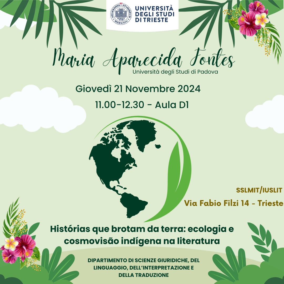 Locandina della conferenza con l'immagine del globo terrestre al centro, in basso a sinistra fiori, a destra vegetazione.