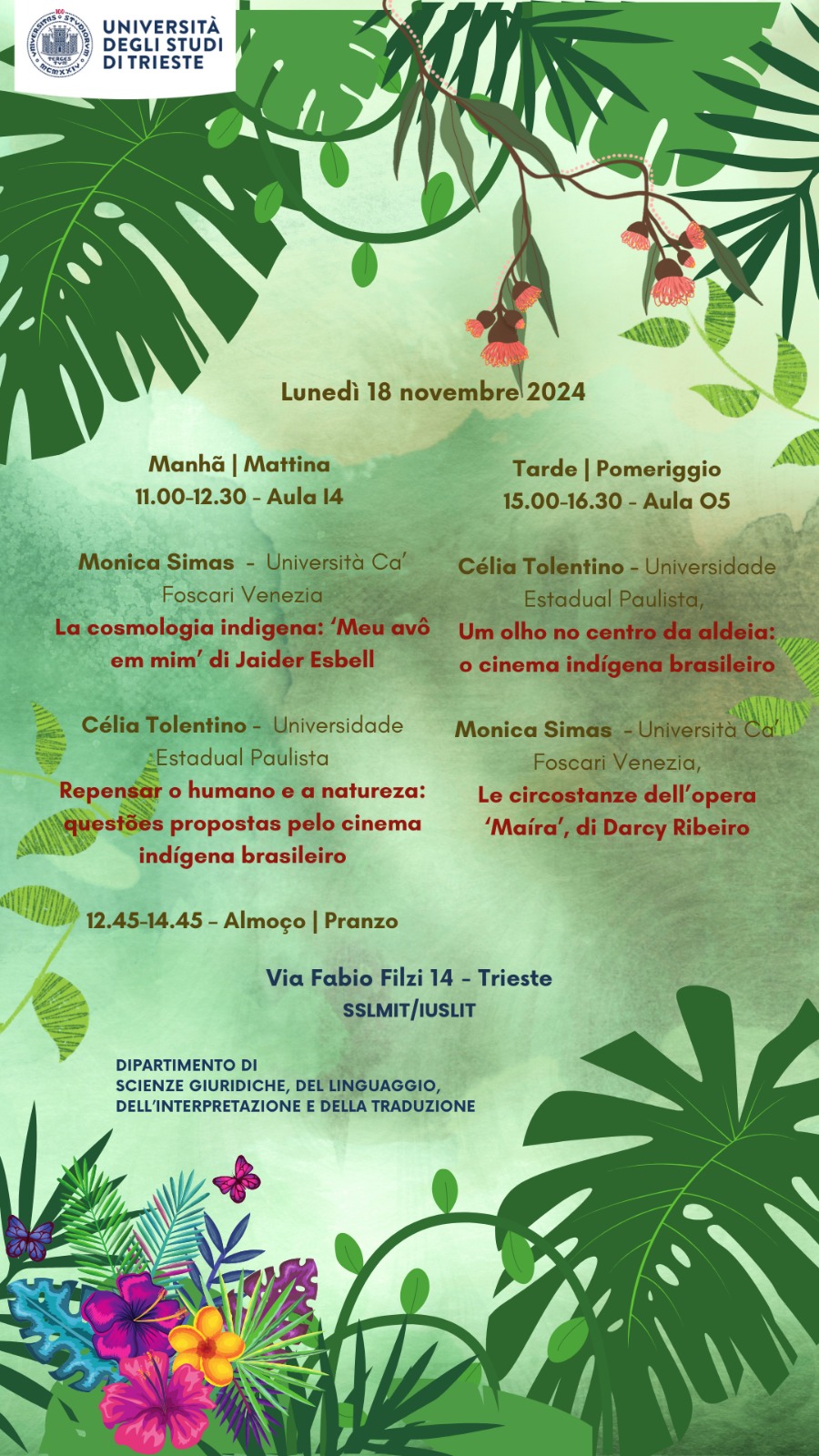 Locandina dell'evento con lo sfondo verde, fiori e piante.