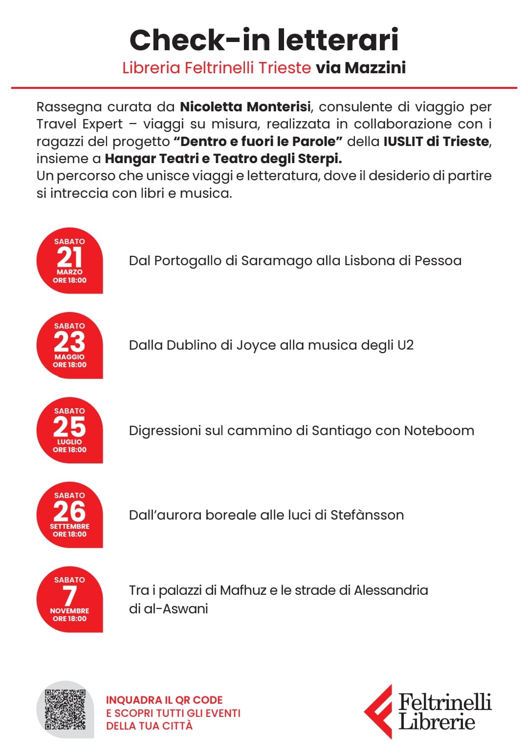 Locandina dell'invito alla libreria Feltrinelli Trieste via Mazzini, sabato 21 marzo alle ore 18. Letture di Saramago e Pessoa in portoghese.