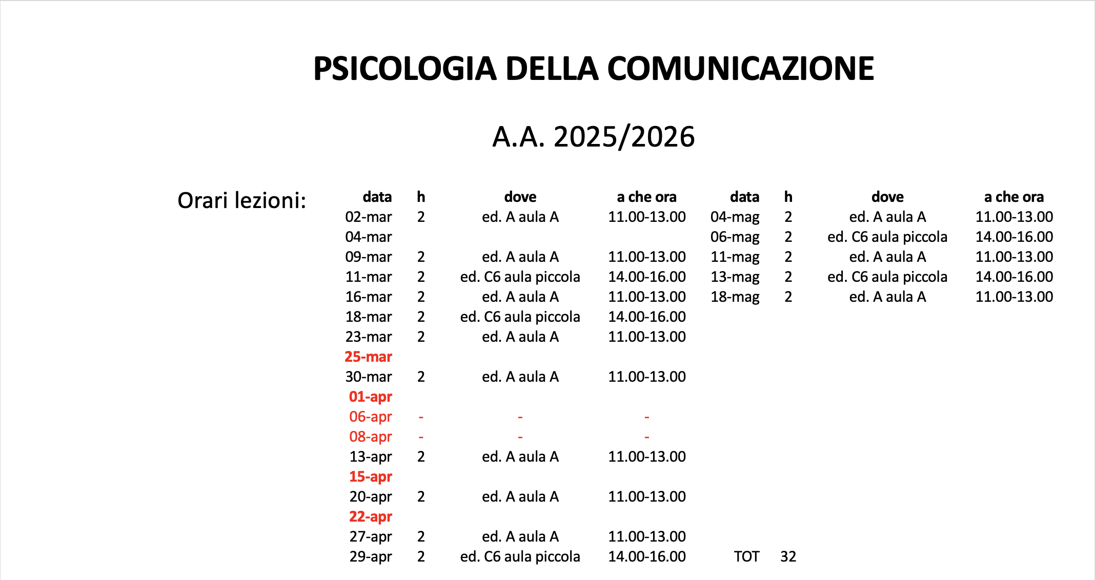 orario lezioni aggiornato