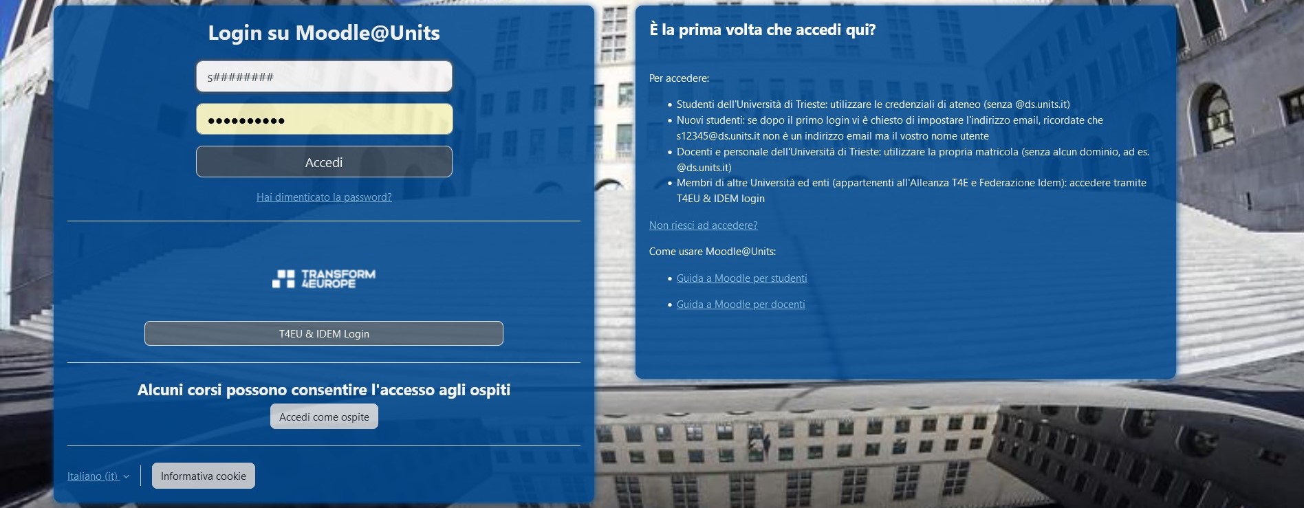 Pagina moodle con credenziali